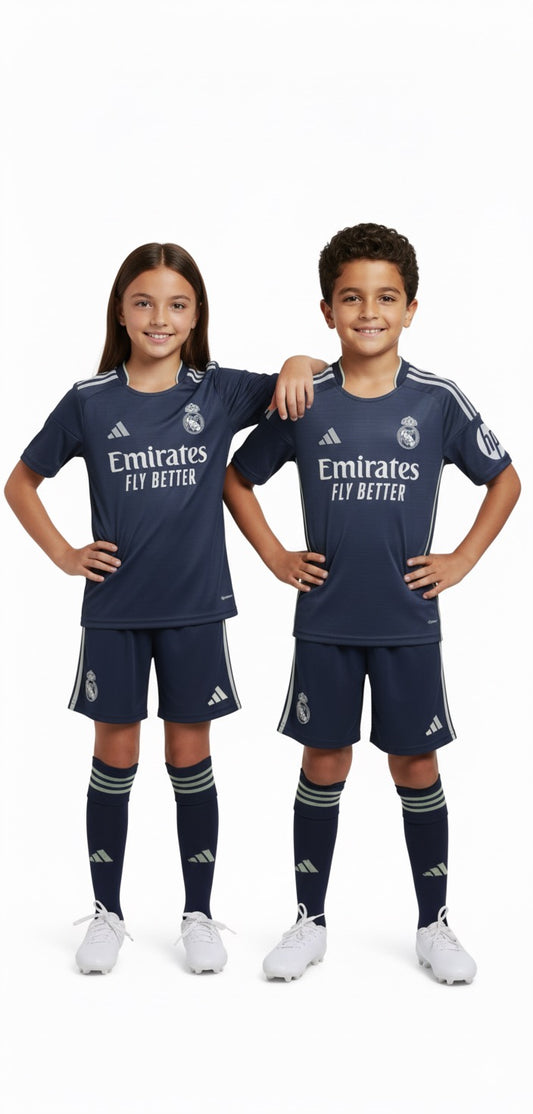 Real Madrid Kids Away Kit 2025/2026 – Stylish Official Design & Premium Quality