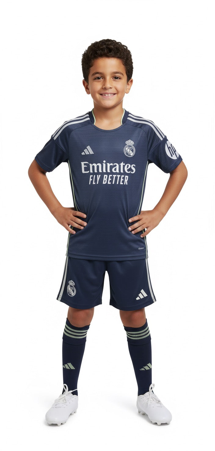 Real Madrid Kids Away Kit 2025/2026 – Stylish Official Design & Premium Quality